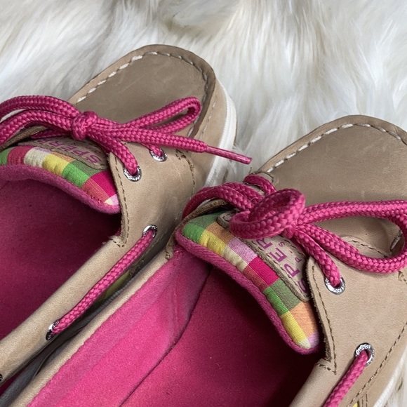 Sperry plad plaid green pink tan cream pink lace up boat shoes flats loafers - Picture 6 of 16